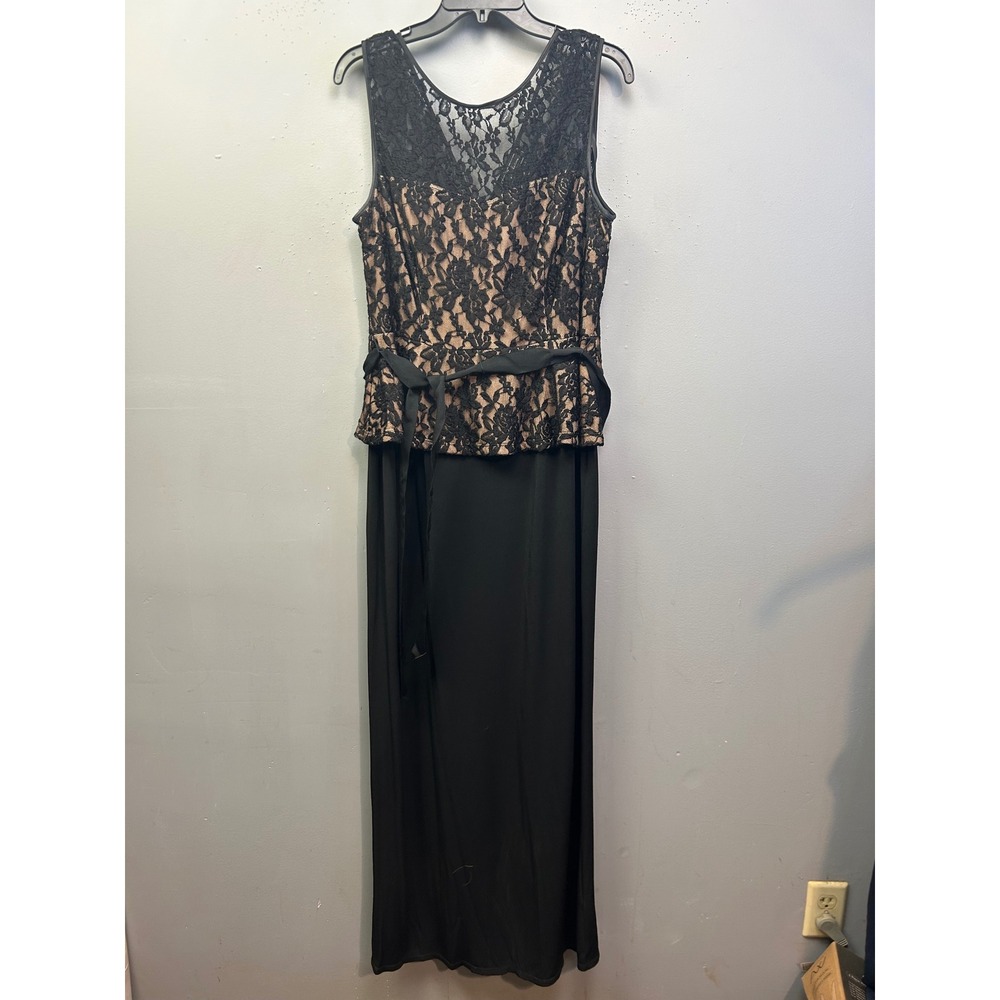 Dressbarn Maxi Gown Women 14 Black Tan Lace Peplum Sleeveless Formal Long Party